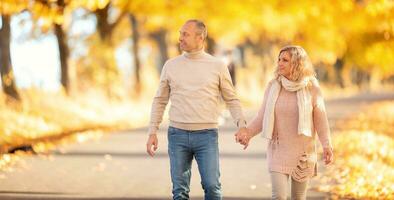 An adult couple in love on a walk in the autumn golden alley photo