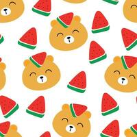 Cute bear pattern with watermelon on his head, seamless cartoon background, vector illustration, wallpaper, textile, bag, garment, fashion design
