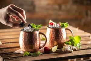Moscow Berry Mule highball vodka cocktail is a long drink with fresh lime juice, ginger beer and berries photo