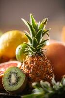 Exotic fruit such as pineapple, kiwi and citruses in a detail photo