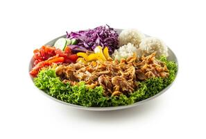 Chicken kebab with fresh vegetable, fries and rice isolated on white background photo