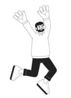 Overjoyed european man on cloud nine monochromatic flat vector character. Man raising arms up. Editable thin line full body person on white. Simple bw cartoon spot image for web graphic design