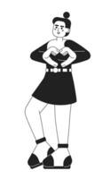 Showing heart sign monochromatic flat vector character. Attractive woman sharing love. Hands gesture. Editable thin line full body person on white. Simple bw cartoon spot image for web graphic design