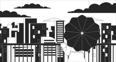 Observation deck black and white lo fi aesthetic wallpaper. Girl on terrace with umbrella 2D vector cartoon cityscape illustration, monochrome lofi background. Bw 90s retro album art, chill vibes