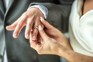 Detail of a bride putting a ring on a finger of a groom during a wedding ceremony photo