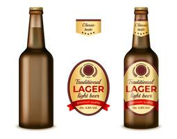 Realistic Detailed 3d Empty Template Mockup Brown Glass Beer Bottle and with Labels Set. Vector