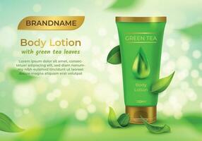 Realistic Detailed 3d Body Lotion with Green Tea Leaves Ads Banner Template Concept Poster Card. Vector