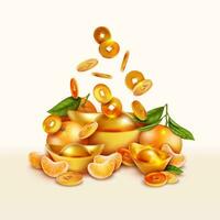 Realistic Detailed 3d Yuan Bao, Falling Coins and Citrus. Vector