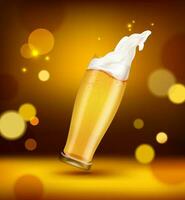 Realistic Detailed 3d Golden Beer Glass with Splashes on Amber Background. Vector