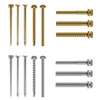 Realistic Detailed 3d Different Steel Brass Bolts Set. Vector