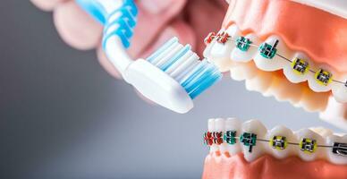 Close-up teeth braces and tooth brush as an example of toothbrushing photo