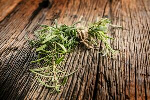 Close-up fresh rosemary on rustic oak board. photo