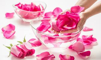 Female hands and bowl of spa water with pink roses and  petals photo