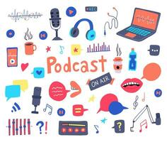 Cartoon Color Different Podcast Recording Icon Set. Vector