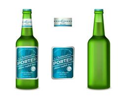 Realistic Detailed 3d Empty Template Mockup Gren Glass Beer Bottle and with Labels Set. Vector