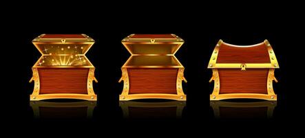 Realistic Detailed 3d Wooden Chest Open and Closed Set. Vector