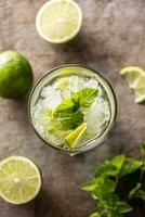 Mojito cocktail drink with white rum lime mint herbs and soda on the bar counter. photo