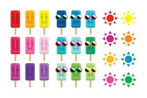 Set of ice cream pops with sun and sunglasses. Happy ice pops. vector