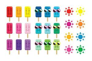 Set of ice cream pops with sun and sunglasses. Happy ice pops. vector