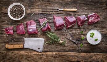 Raw beef steak in grill pan with salt pepper garlic and herbs on wooden table photo