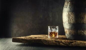 Glass of whisky or bourbon in ornamental glass next to a vinatge wooden barrel on a rustic wood and dark background photo