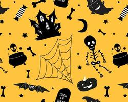 Seamless pattern happy halloween icons isolated on yellow background. Skeleton, pumpkin, castle, witch potion pot, cobwebs, bones, ghost.Halloween holidays cartoon character set. Trick or treat vector