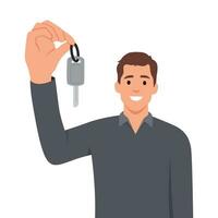 Happy man showing off car keys after getting loan or leasing to buy new car. Guy selling automobile dealership with smile recommends purchasing new auto model in good configuration at bargain price. vector