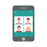 Men and women in different windows on the smartphone screen. Video conference. Vector illustration, flat style