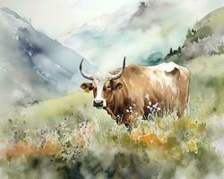 Watercolor illustration cow in alpine meadows. photo