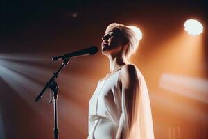 the singer in a chic white dress sings on stage photo