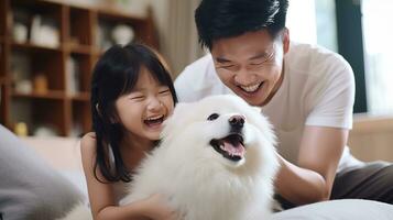 dad with a girl of 10 years old plays with white fluffy photo