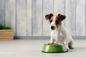 dog in a white sweater eats food from a green bowl on a gray floor photo