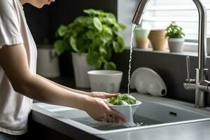 woman washes dishes in a gray sink photo