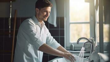 young attractive man wash bathroom. home cleaning photo