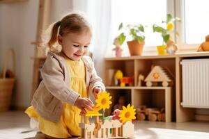 niña jugando con juguetes en un guardería con amarillo paredes foto