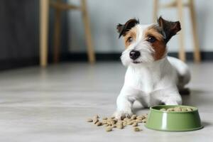 dog in a white sweater eats food from a green bowl on a gray floor photo