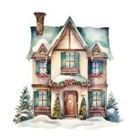 Watercolor cute Christmas house isolated photo