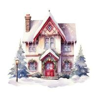 Watercolor cute Christmas house isolated photo