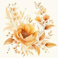 Watercolor background with flowers and orange leaves. photo