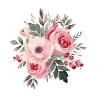 Watercolors pink flower bouquets leaf branches isolated photo