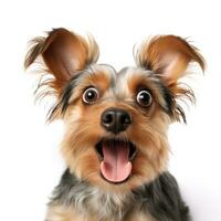 sorprendido Yorkshire terrier perro con enorme ojos. foto