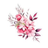 Watercolors pink flower bouquets leaf branches isolated photo