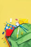 Top view of school backpack and school supplies with space for text. Back to school concept photo