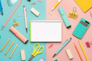 Top view of spiral notepad and school supplies with space for text. Back to school concept photo