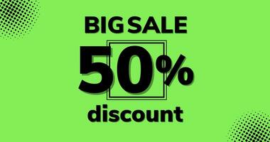 big sale 50 percent discount sign on a green background video