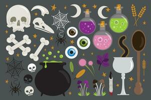 AdoHalloween design elements. Witch cauldron, potion, poison, spiders, bones, bats, cobwebs. Vector illustration. Witchcraft elements.