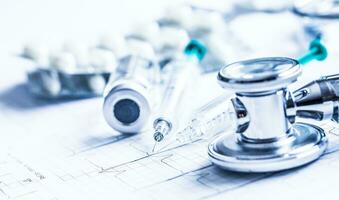 Stethoscope injections pills on the  EKG graph. photo