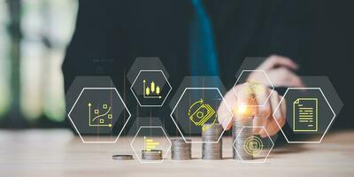 concept of finance and investment ,profit growth management ,financial graphical and statistical analysis ,Stock and currency fund management ,bank interest management ,high return investment photo