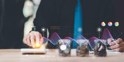 concept of finance and investment ,profit growth management ,financial graphical and statistical analysis ,Stock and currency fund management ,bank interest management ,high return investment photo