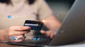 Online payment concept with credit card and smartphone ,online banking service ,internet payment ,Money transfer and service fee payment ,financial transactions with application ,e-commerce photo